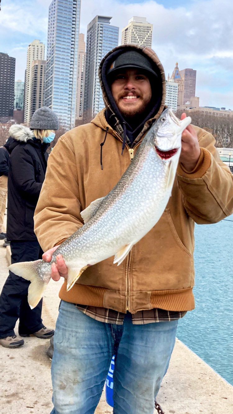 Quinn Wunar with a lake trout caught perch fishing Navy Pier. Provided photo