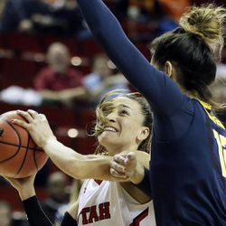 Utah guard Danielle Rodriguez, left, drives around California forward Penina Davidson, right, in the first half of an NCAA college basketball game in the Pac-12 Conference tournament, Thursday, March 3, 2016, in Seattle. 