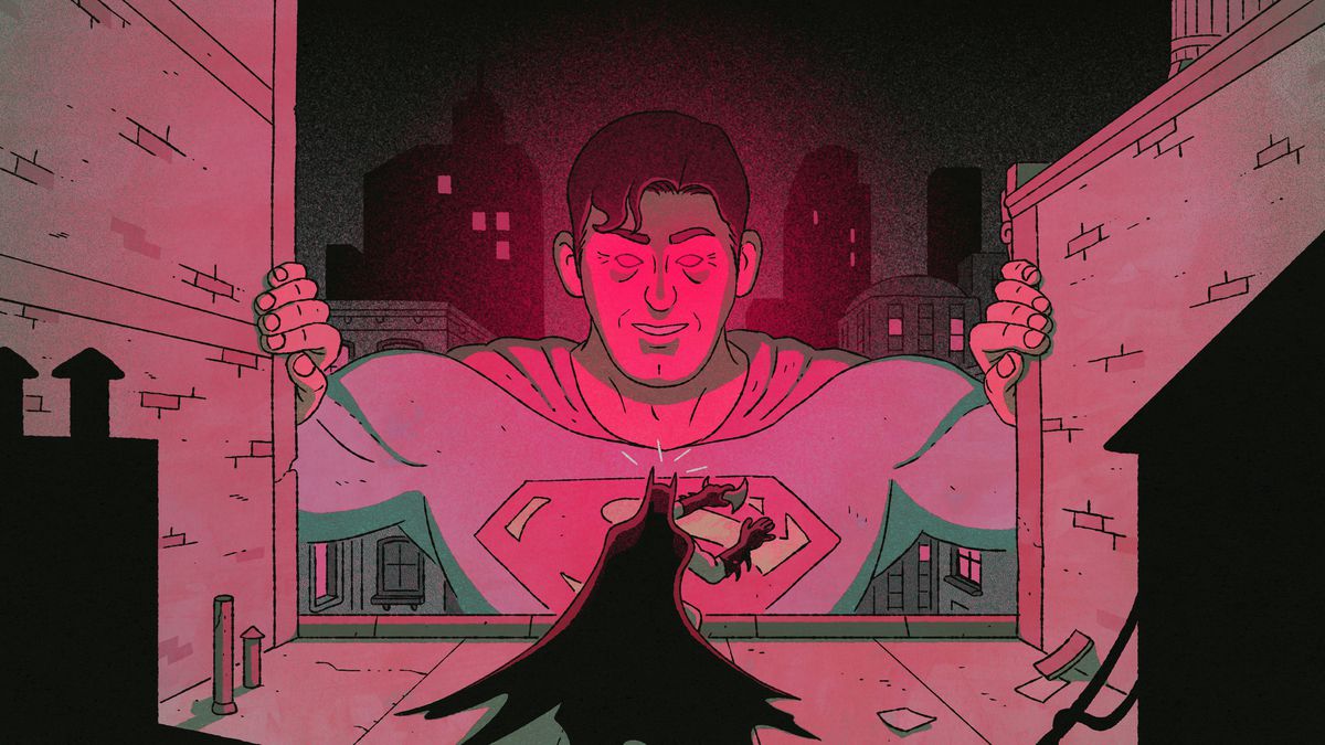 Illustration of a giant Superman standing between two buildings looking down on a regular-sized Batman