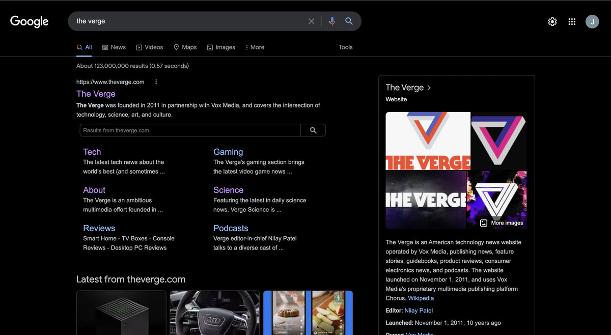 google search results for the verge in front of a pitch black background