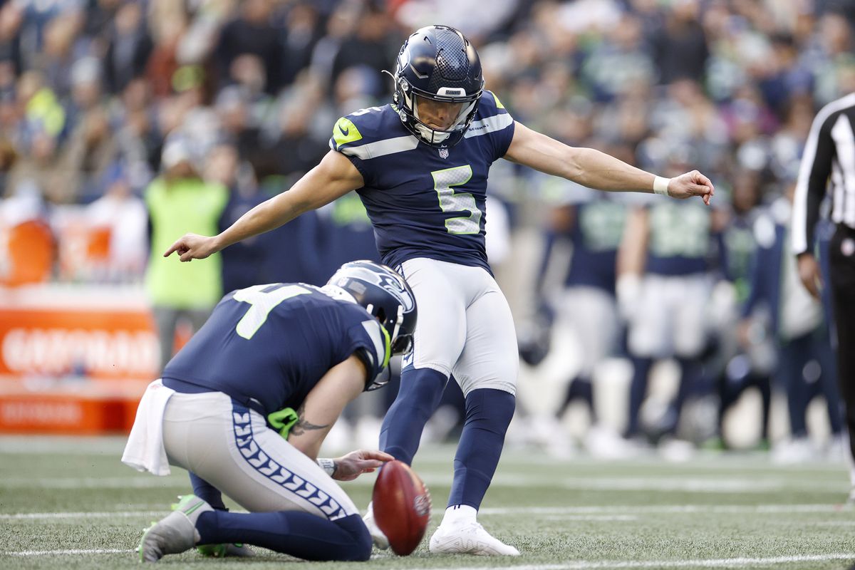 Jason Myers #5 of the Seattle Seahawks kicks a field goal during the third quarter against the New York Jets at Lumen Field on January 01, 2023 in Seattle, Washington.