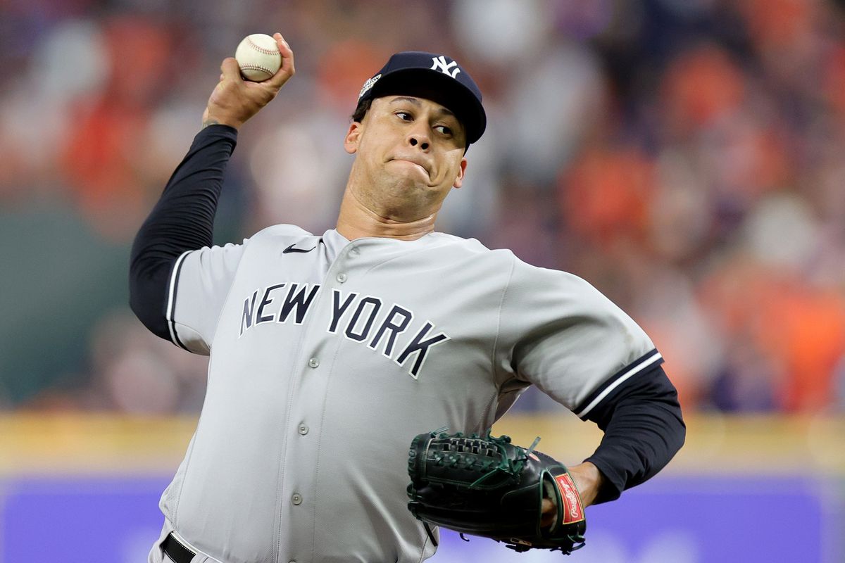 Frankie Montas #47 of the New York Yankees pitches during the eighth inning against the Houston Astros in game one of the American League Championship Series at Minute Maid Park on October 19, 2022 in Houston, Texas.