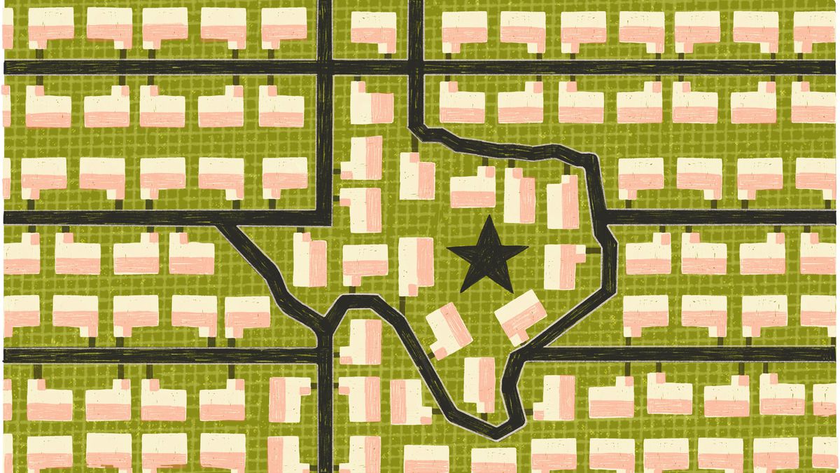 An aerial view of the roadways and homes in a suburban neighborhood. The homes are all the same and arranged very neatly. The roads form the outline of the state of Texas. Illustration.