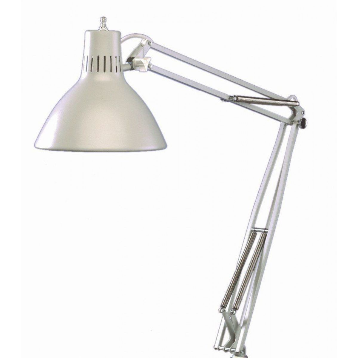 White lamp with silver arm.