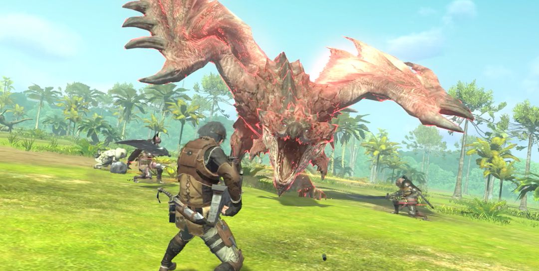 Human players and a Palico battle a Rathalos in a tropical environment in a screenshot from Monster Hunter Now