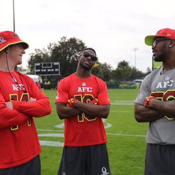 AFC teammates Andy Dalton, Emmanuel Sanders and Von Miller hanging out at Pro Bowl practice.