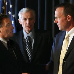 Thomas R. Lee, right, with Gov. Gary Herbert on left, has been appointed to the Utah Supreme Court. 