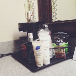 Good morning from the airport Comfort Inn! We're driving to Sun Valley today. I raided the Lucky beauty closet before I left and am pumped to try this <b>Dr. Alkaitis</b> face wash and <b>Sachajuan</b> goo.