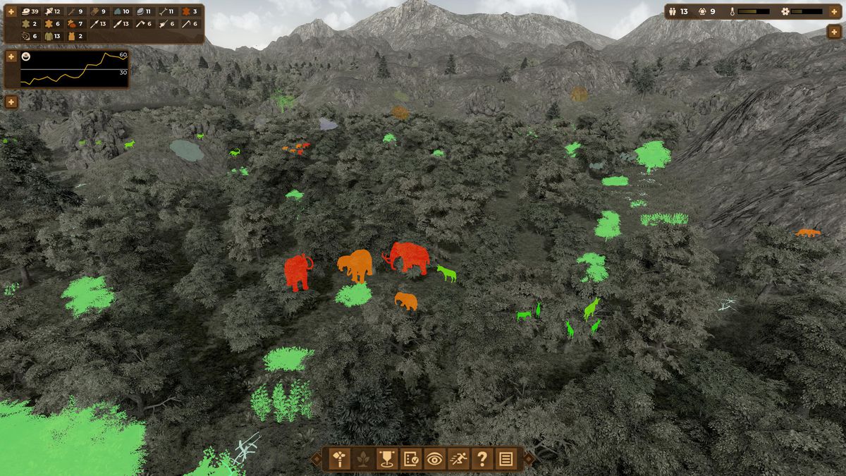 A special prehistoric vision mode, found on the tab key or on the menu bar at the bottom of the screen, cuts through the trees to let you see animals and plants in the environment in Dawn of Man.