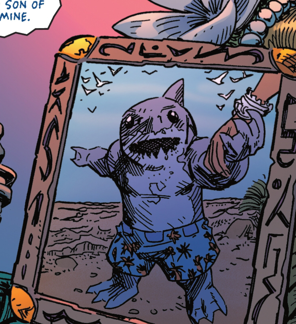A photograph of a toddler King Shark in blue swim trunks, holding his mom’s hand at the beach and pointing happily in Suicide Squad: King Shark #5 (2021). 