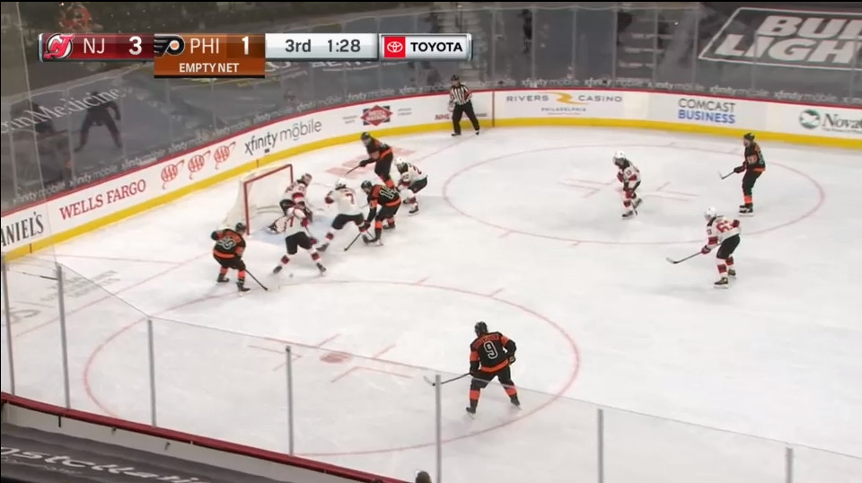 April 25: Claude Giroux actually loses the puck here, recovers it, and then fires it home by the right post past Pavel Zacha.  James Van Reimsdyk is somehow able to get a pass across Matt Tennyson and through Zacha to Giroux.  Instead of having his stick on the ice or even fouling Giroux, Zacha will turn and close his legs to try to block a shot.  He failed and the Flyers had new life in the game with less than 90 seconds left. 