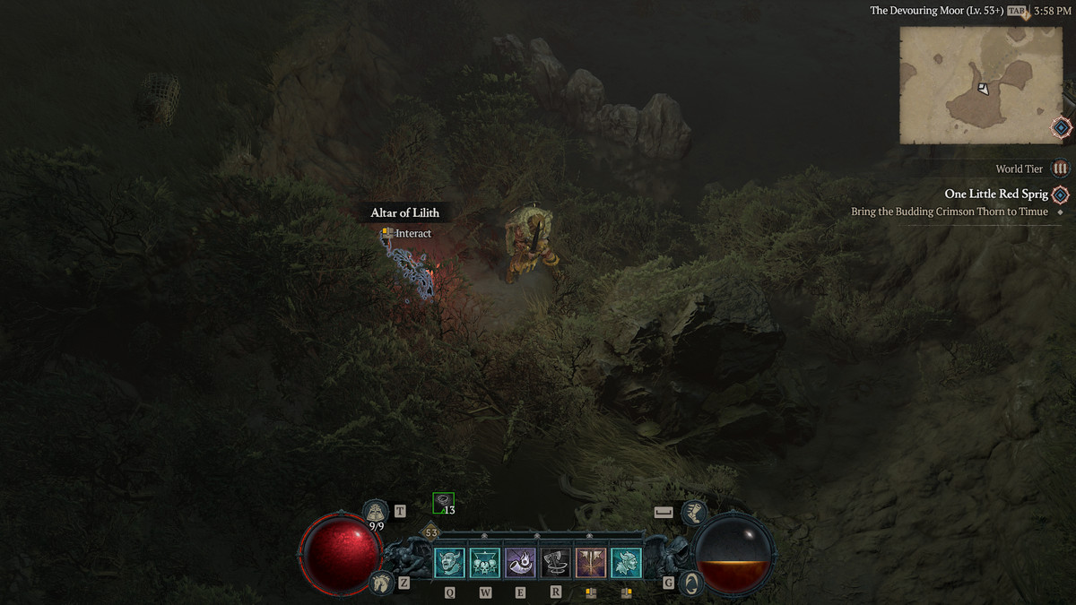 A screenshot of a Barbarian finding the 21st Altar of Lilith in Hawezar in Diablo 4