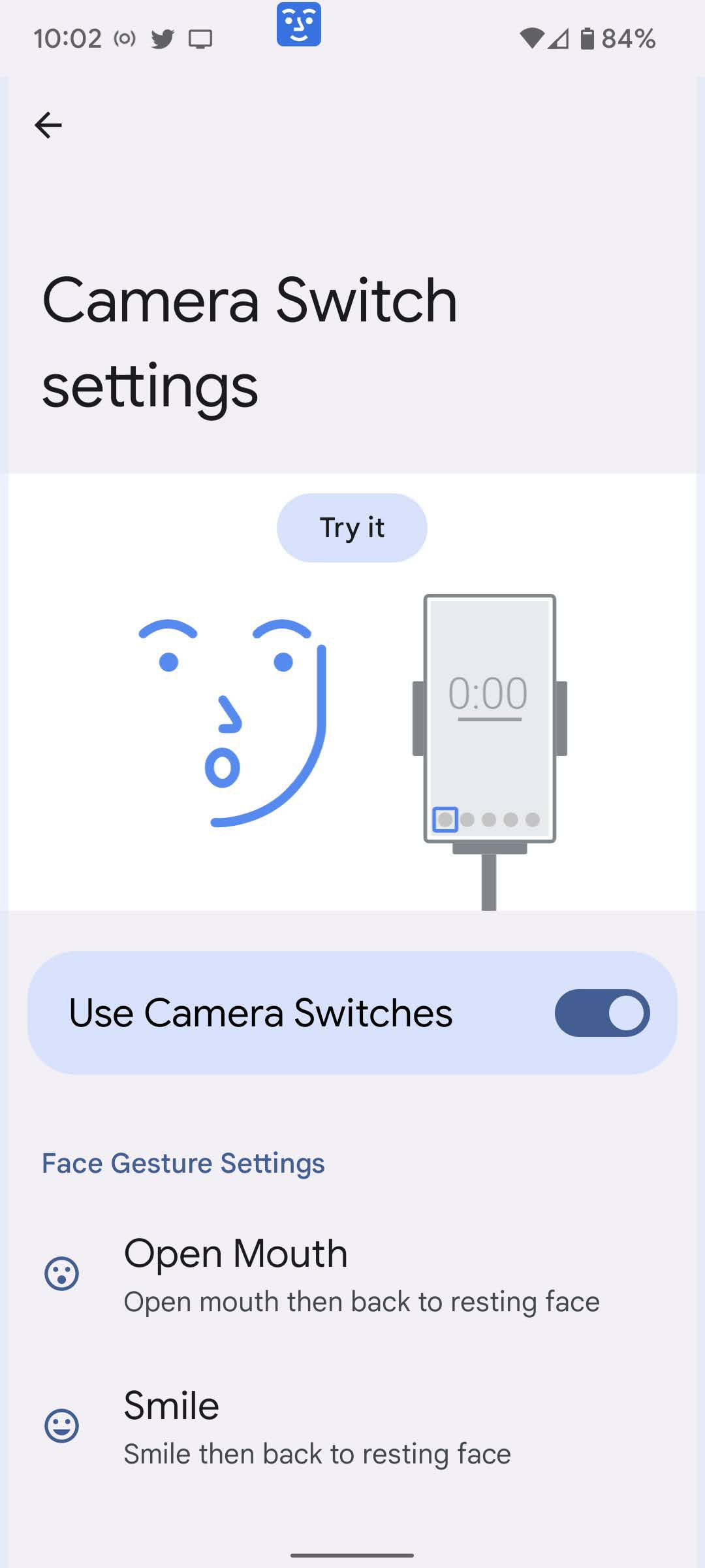 Camera switch settings page