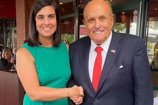 Then-Congressional candidate Nicole Malliotakis poses with Rudy Giuliani after receiving his endorsement, Sept. 14, 2020.