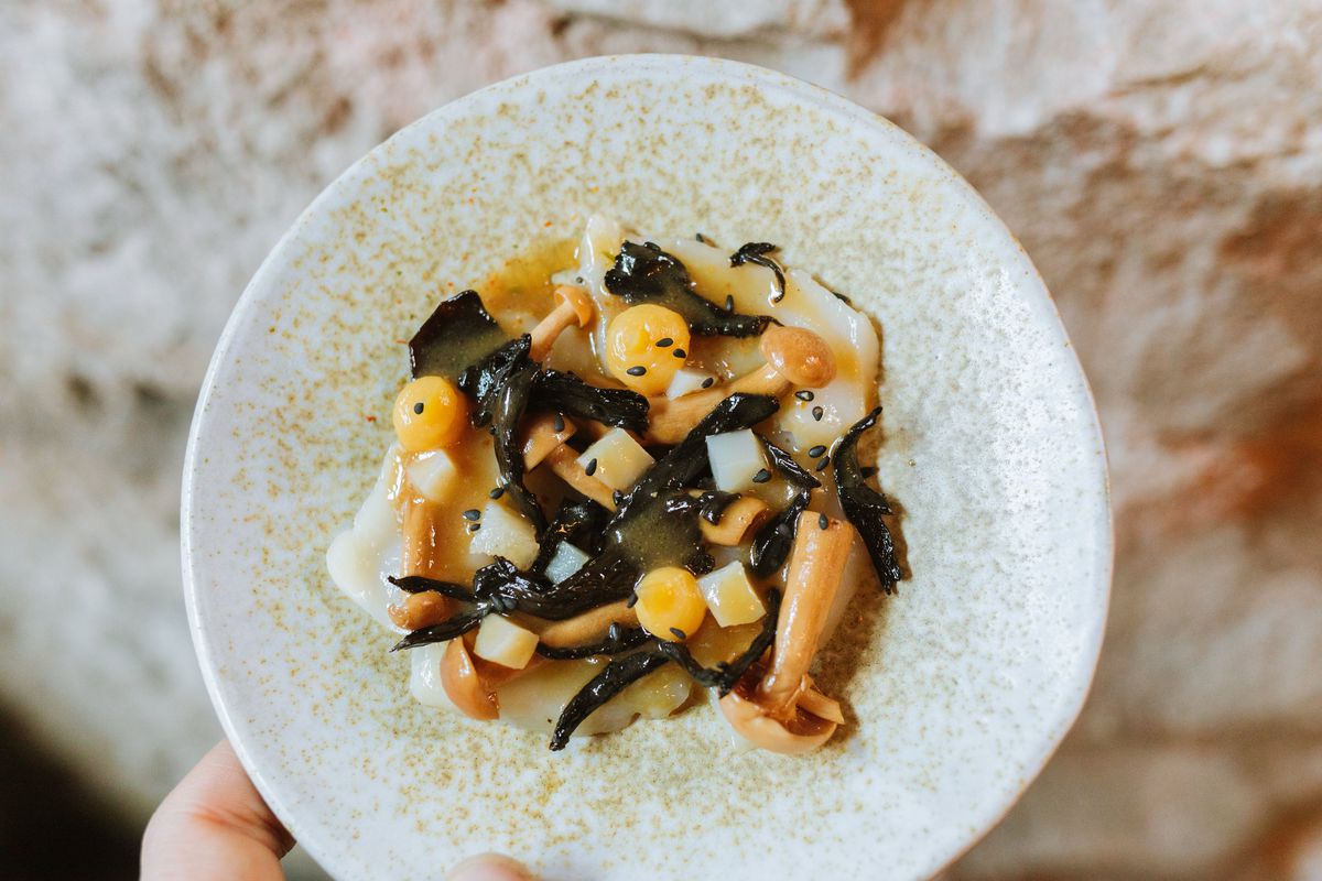 A small plate of mushrooms and seaweed