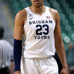 Brigham Young Cougars forward Yoeli Childs (23) walks off the floor after being whistled for a technical foul as the BYU Cougars and San Diego Toreros play in WCC tournament action at the Orleans Arena in Las Vegas on Saturday, March 9, 2019. San Diego won 80-57.
