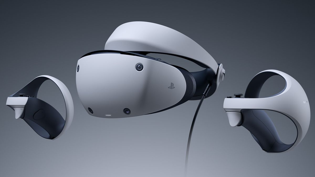 PlayStation VR 2, with the VR 2 Sense controllers floating next to it