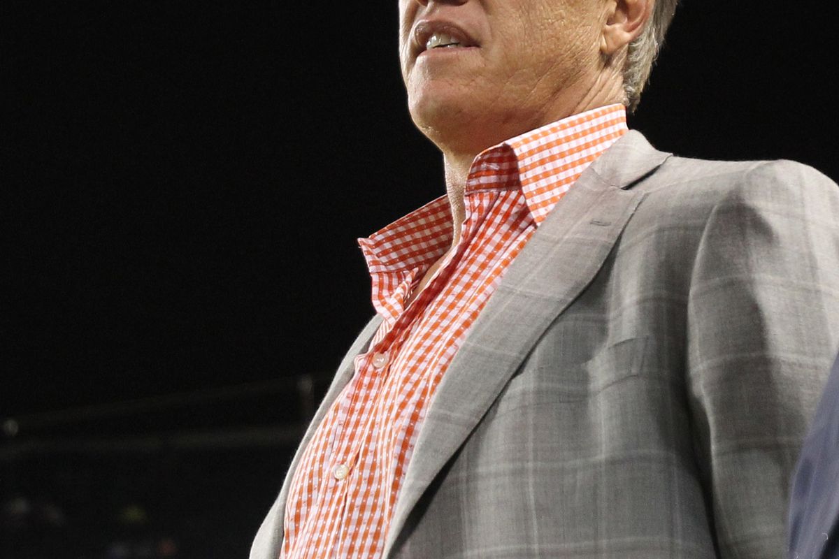 Aug 9, 2012; Chicago, IL, USA; Denver Broncos executive vice president of football operations John Elway on the sidelines during the game against the Chicago Bears at Soldier Field.  Mandatory Credit: Matthew Emmons-US PRESSWIRE