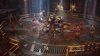 พวงของนักรบที่คลุมด้วยผ้ายืนอยู่รอบ ๆ แมงมุมเชิงกลใน Warhammer 40K: Rogue Trader