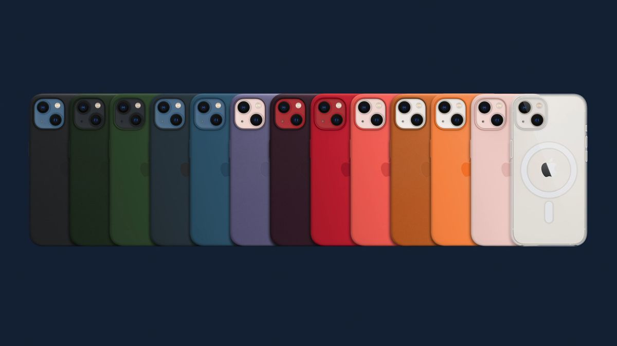 iPhone 13s in a rainbow of cases.