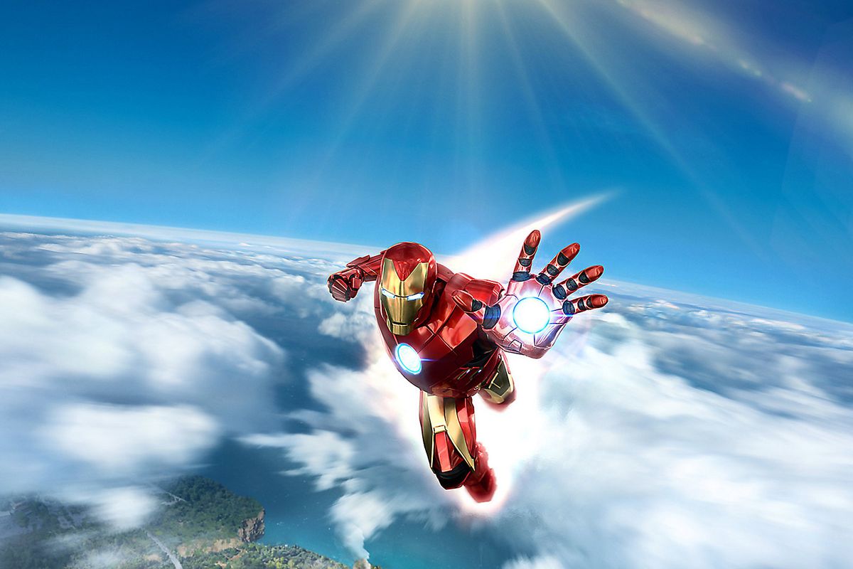 Key art of Iron Man flying above the clouds from Marvel’s Iron Man VR