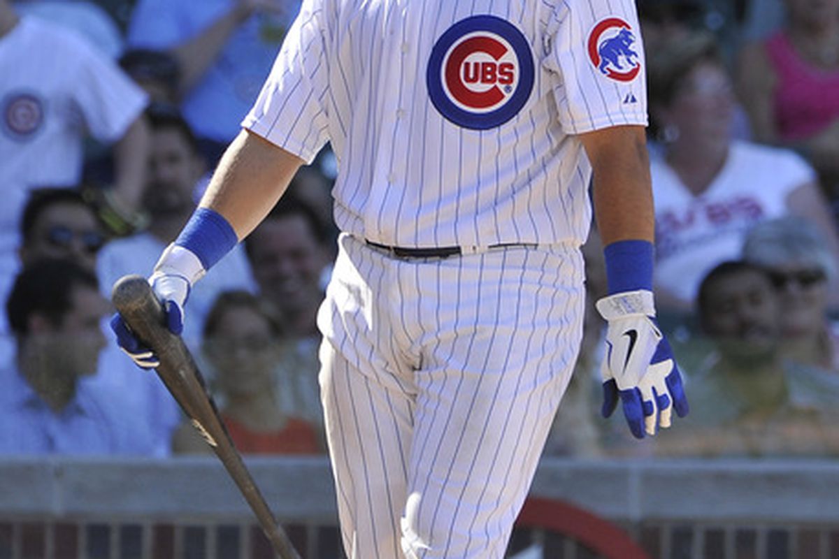 What is Geo thinking here? Geovany Soto of the Chicago Cubs reacts after striking out looking against the Atlanta Braves at Wrigley Field in Chicago, Illinois.  (Photo by Brian Kersey/Getty Images)
