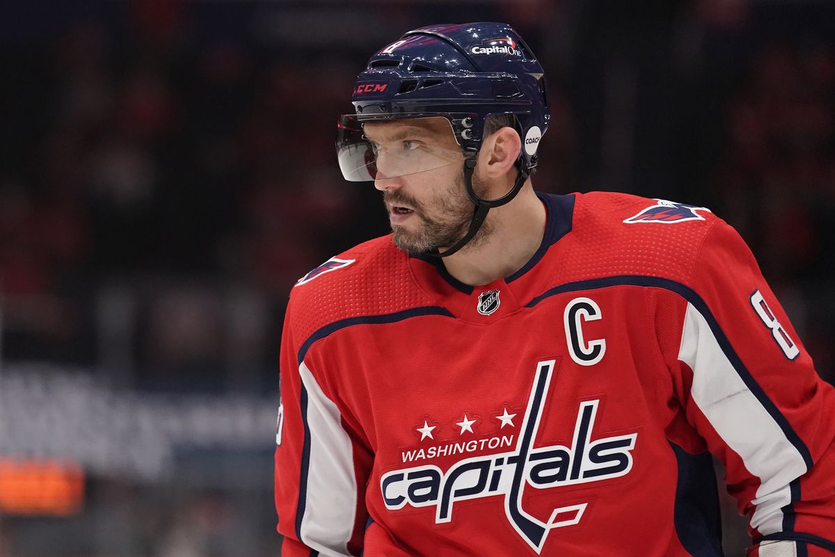 Alex Ovechkin #8 of the Washington Capitals looks on against the Boston Bruins in the first period in Game Five of the First Round of the 2021 Stanley Cup Playoffs at Capital One Arena on May 23, 2021 in Washington, DC.