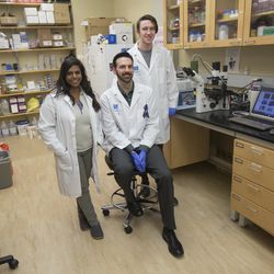 Hematology fellow Dr. Ami Patel, of Salt Lake City, lab manager Tony Pomicter, of Salt Lake City, and undergraduate researcher Brayden Halverson, of Draper, pose for photos in a lab at the Huntsman Cancer Institute in Salt Lake City on Monday, March 19, 2018. The group conducts research as part of an extensive clinical study aimed at better determining which new treatments work best for myeloid leukemia patients on a case by case basis.