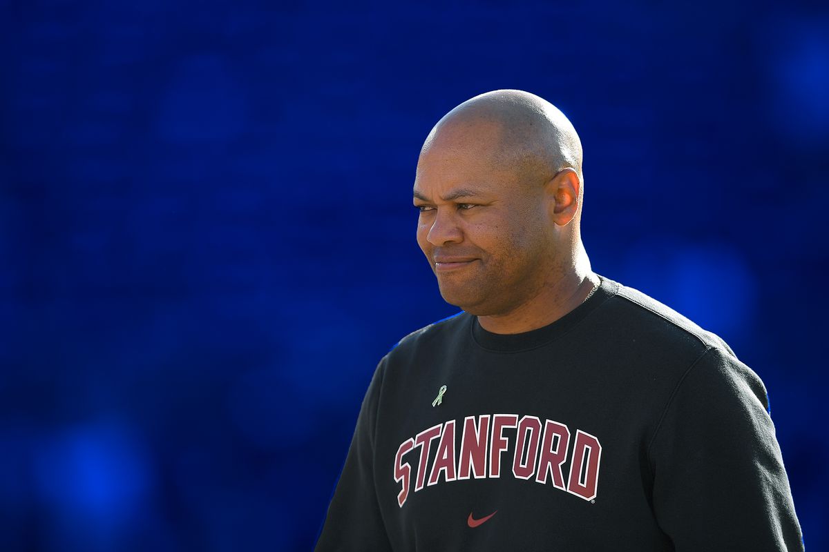 Stanford football coach David Shaw walks on the field before a game against USC in 2018.