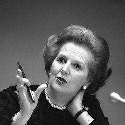 In this June 23, 1982 file photo, Britain's Prime Minister Margaret Thatcher gestures with her pen as she answers a reporters question during a news conference at the United Nations. Ex-spokesman Tim Bell says that Thatcher has died. She was 87. Bell said the woman known to friends and foes as "the Iron Lady" passed away Monday morning, April 8, 2013.
