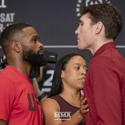 Tyron Woodley squares off with Darren Till at UFC 228 media day.