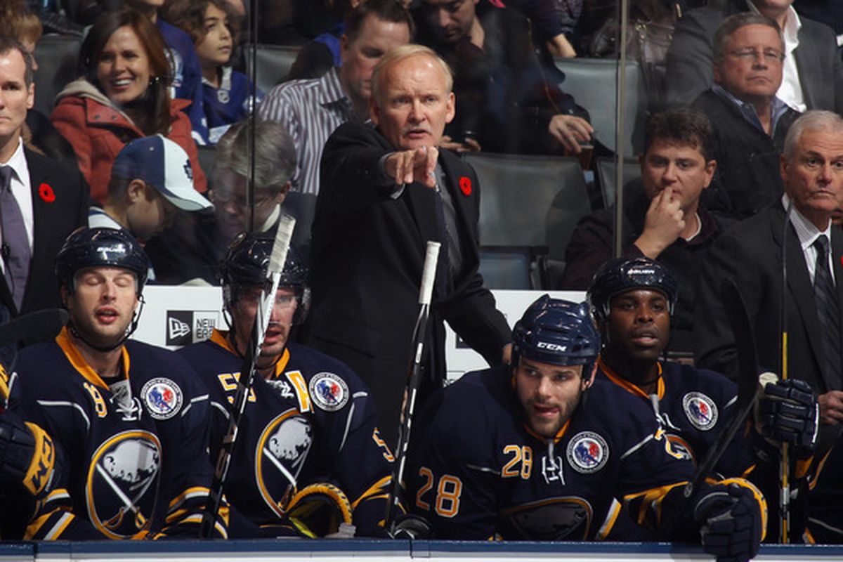TORONTO ON - NOVEMBER 06: Head coach Lindy Ruff of the Buffalo Sabres gives players directions in their game against the Toronto Maple Leafs at the Air Canada Centre on November 6 2010 in Toronto Canada.  (Photo by Bruce Bennett/Getty Images)