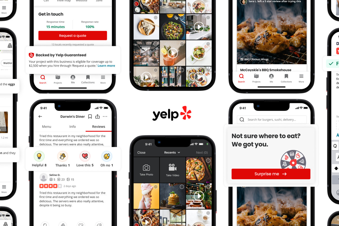 A promotional image featuring screenshots of new Yelp features.