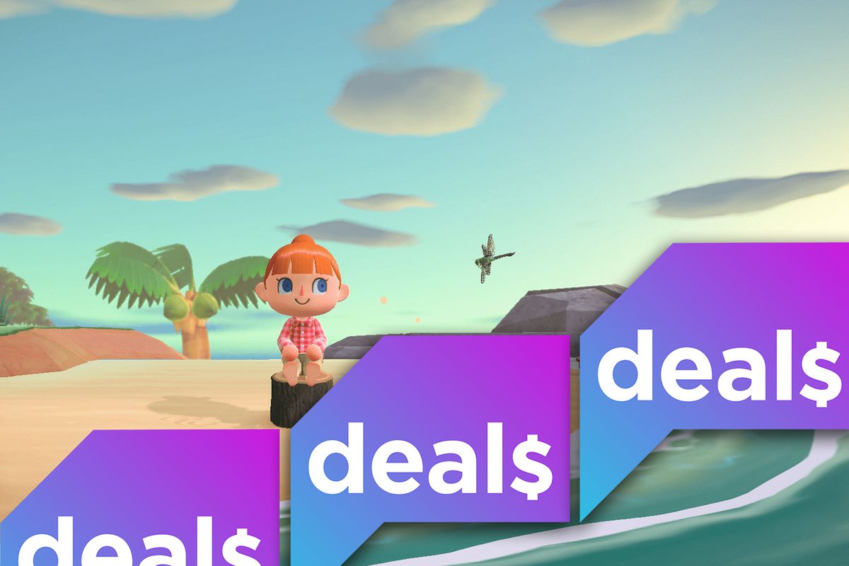 a screenshot from animal crossing: new horizons overlaid with the polygon deals logo