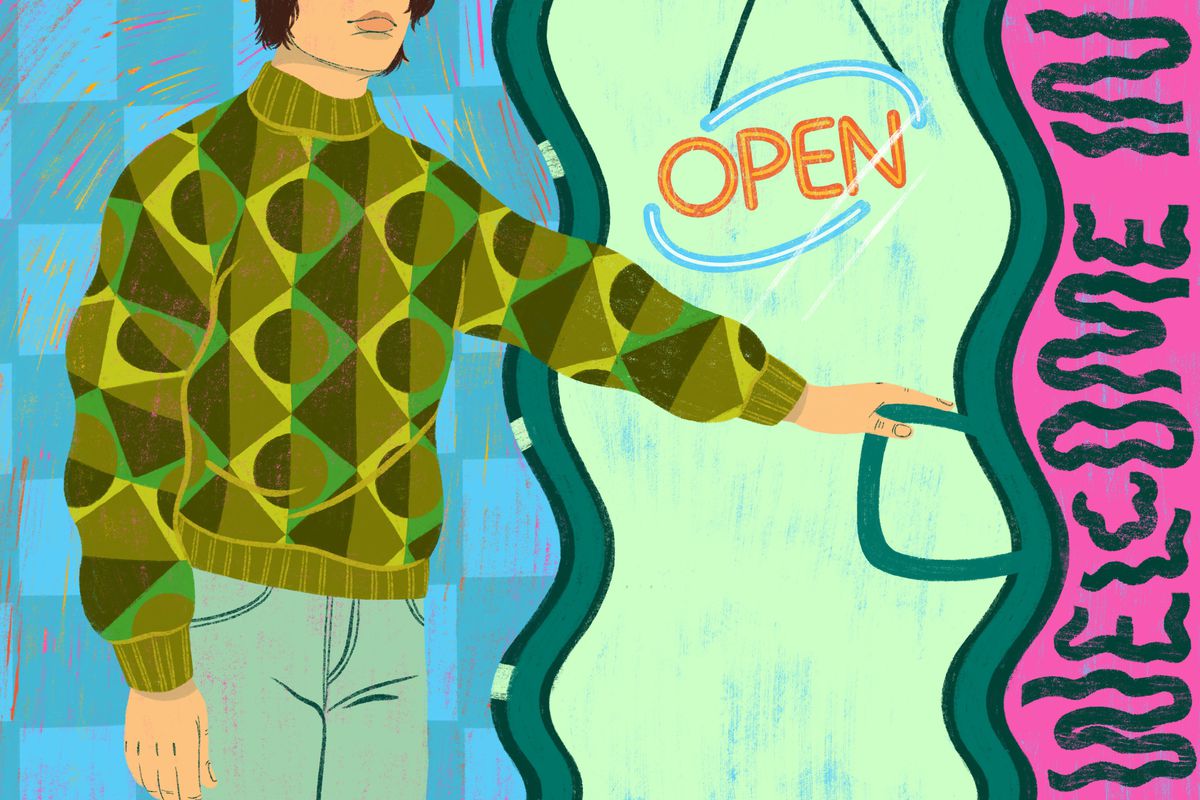An illustration of a person pushing through a storefront with “welcome in” written in squiggly letters.