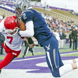 Duchesne wide receiver Jaren Mortensen secures a touchdown catch over Milford cornerback Stetson Wright during a UHSAA 1A state semifinal football game at Weber State University in Ogden on Friday, Nov. 4, 2016. Duchesne defeated Milford 47-0 and advances to the Class 1A state championship game.