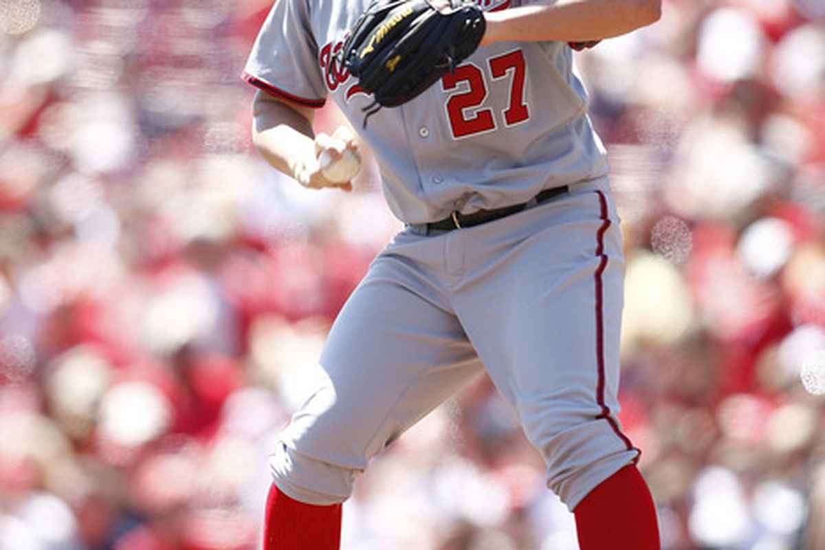CINCINNATI, OH - AUGUST 28:  Jordan Zimmermann #27 of the Washington Nationals delivers the pitch during the game against the Cincinnati Reds on August 28, 2011 at Great American Ball Park in Cincinnati, Ohio.   (Photo by John Grieshop/Getty Images)