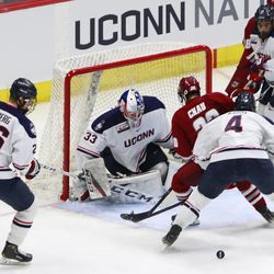 The Massachusetts Minutemen take on the UConn Huskies in a men’s college hockey game at the XL Center in Hartford, CT on March 8, 2019.