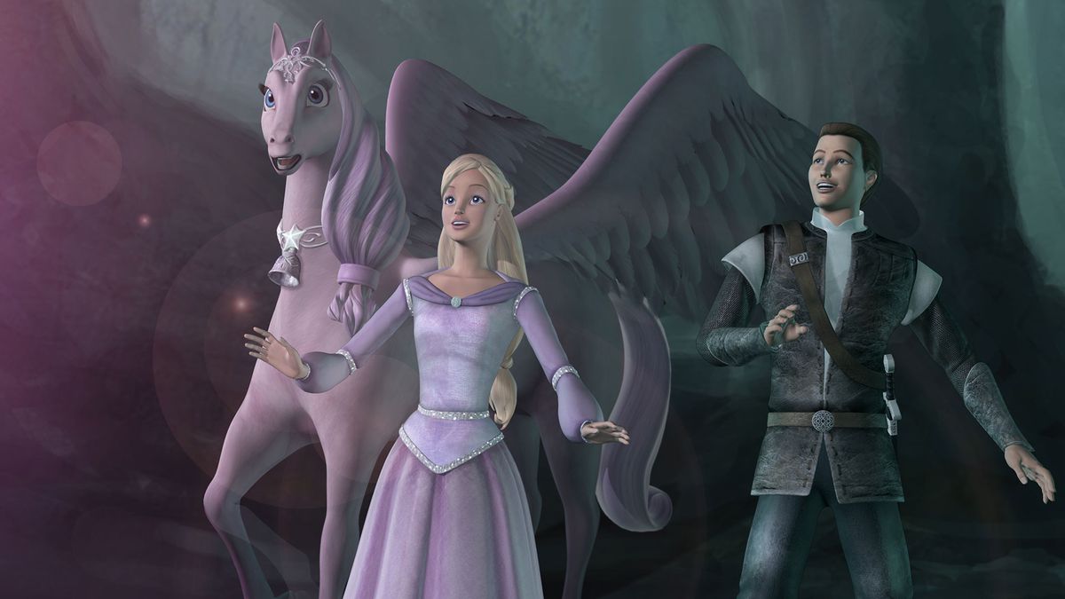Barbie as Anika, wearing a purple dress. Behind her is a pegasus horse and a man in dark clothes. They are in a dark, scary, magic forest.