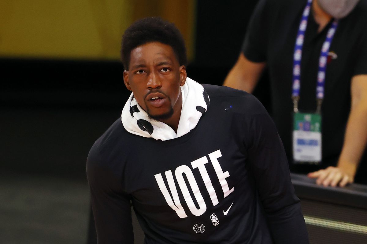 Bam Adebayo of the Miami Heat reacts before Game Two of the 2020 NBA Finals against the Los Angeles Lakers at AdventHealth Arena at ESPN Wide World Of Sports Complex on October 02, 2020 in Lake Buena Vista, Florida.