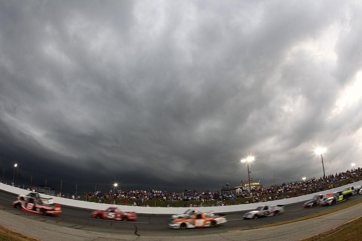 A general view of race action during the NASCAR Camping World Truck Series AAA Insurance 200 at Lucas Oil Raceway on July 29, 2011 in Indianapolis, Indiana.
