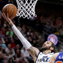 Utah Jazz guard Ricky Rubio (3) shoots during a basketball game against the New York Knicks at the Vivint Smart Home Arena in Salt Lake City on Friday, Jan. 19, 2018.