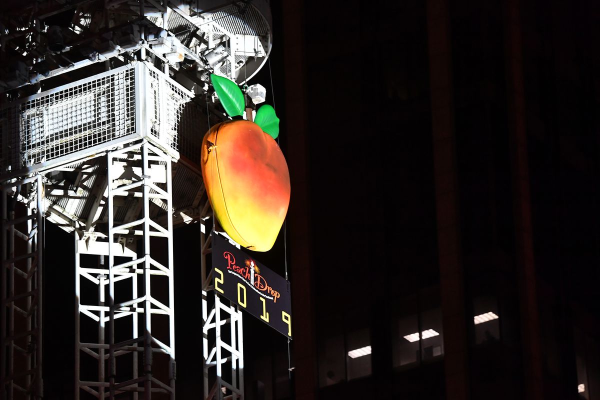 A picture of the massive peach dropped each New Years Eve in downtown Atlanta.