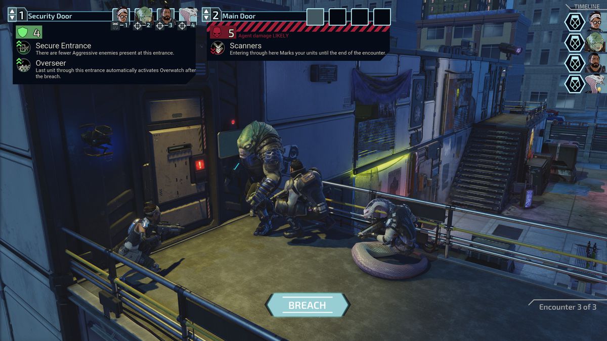 Four XCOM agents stack up outside a battlefield. It’s night out, and a red warning indicator shines on the electronic door lock. 