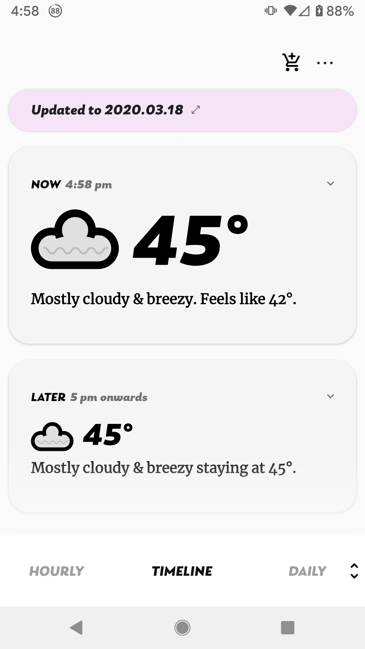 Appy Weather’s timeline lets you scroll down to see the current weather and the upcoming forecast.