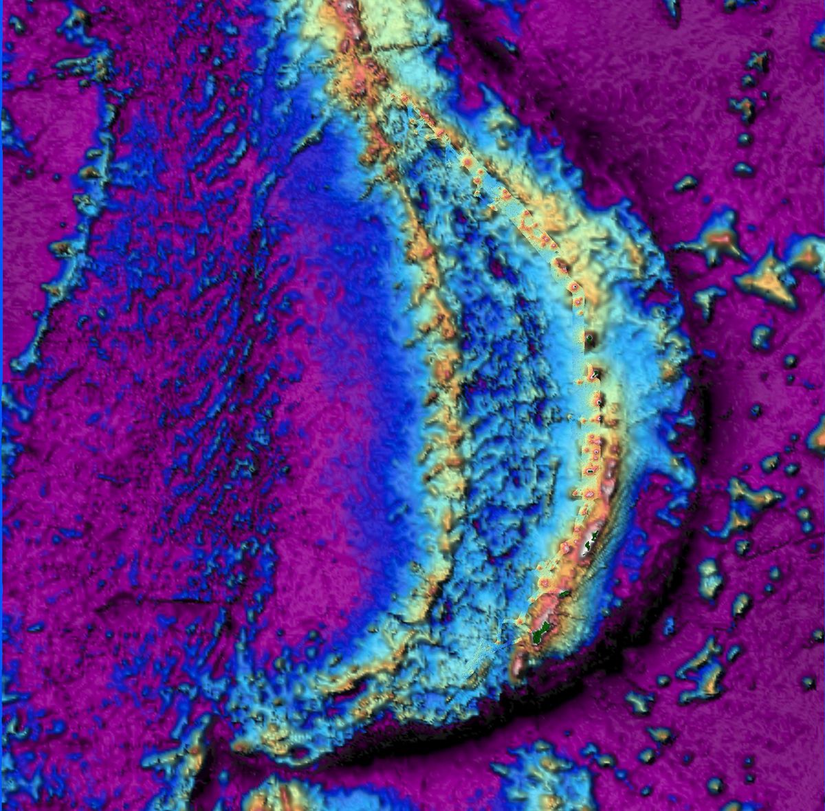 A topographic image of the seafloor showing a curved mountain range.