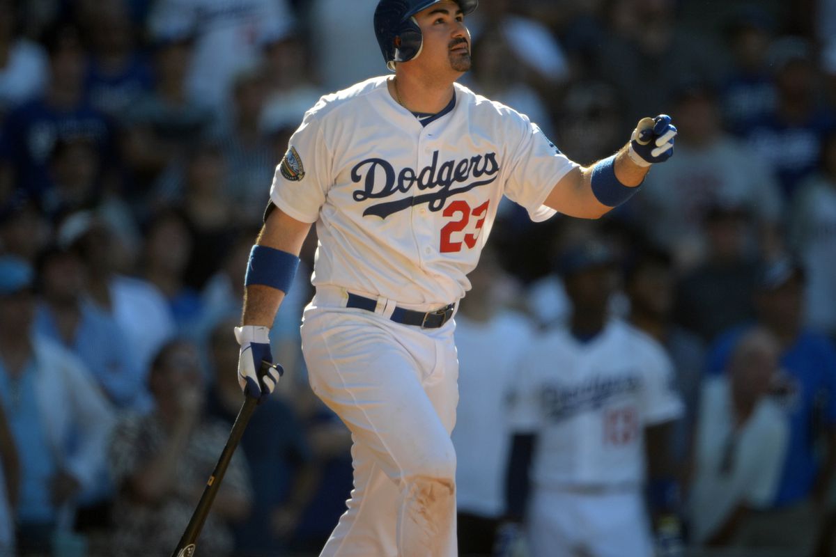 Aug 26, 2012; Los Angeles, CA, USA; Los Angeles Dodgers first baseman Adrian Gonzalez (23) bats during the game against the Miami Marlins at Dodger Stadium. The Marlins defeated the Dodgers 6-2. Mandatory Credit: Kirby Lee/Image of Sport-US PRESSWIRE