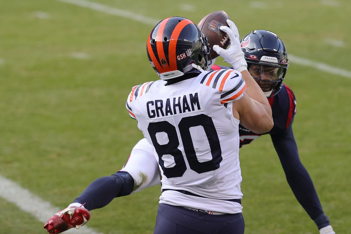 Chicago Bears tight end Jimmy Graham #80 catches a touchdown pass against the Houston Texans during the second quarter at Soldier Field on December 13, 2020 in Chicago, Illinois.
