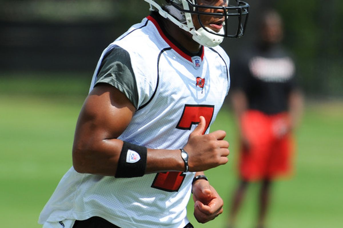 TAMPA, FL -  MAY 4:  Quarterback Jordan Jefferson #7 of the Tampa Bay Buccaneers runs upfield during a rookie practice at the Buccaneers practice facility May 4, 2012 in Tampa, Florida. (Photo by Al Messerschmidt/Getty Images)