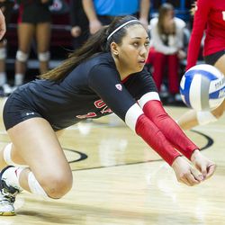 Utah outside hitter Adora Anae digs the ball against Colorado during an NCAA women's volleyball match at the Huntsman Center in Salt Lake City on Friday, Nov. 25, 2016. Utah dropped its home finale to Colorado 3-2.